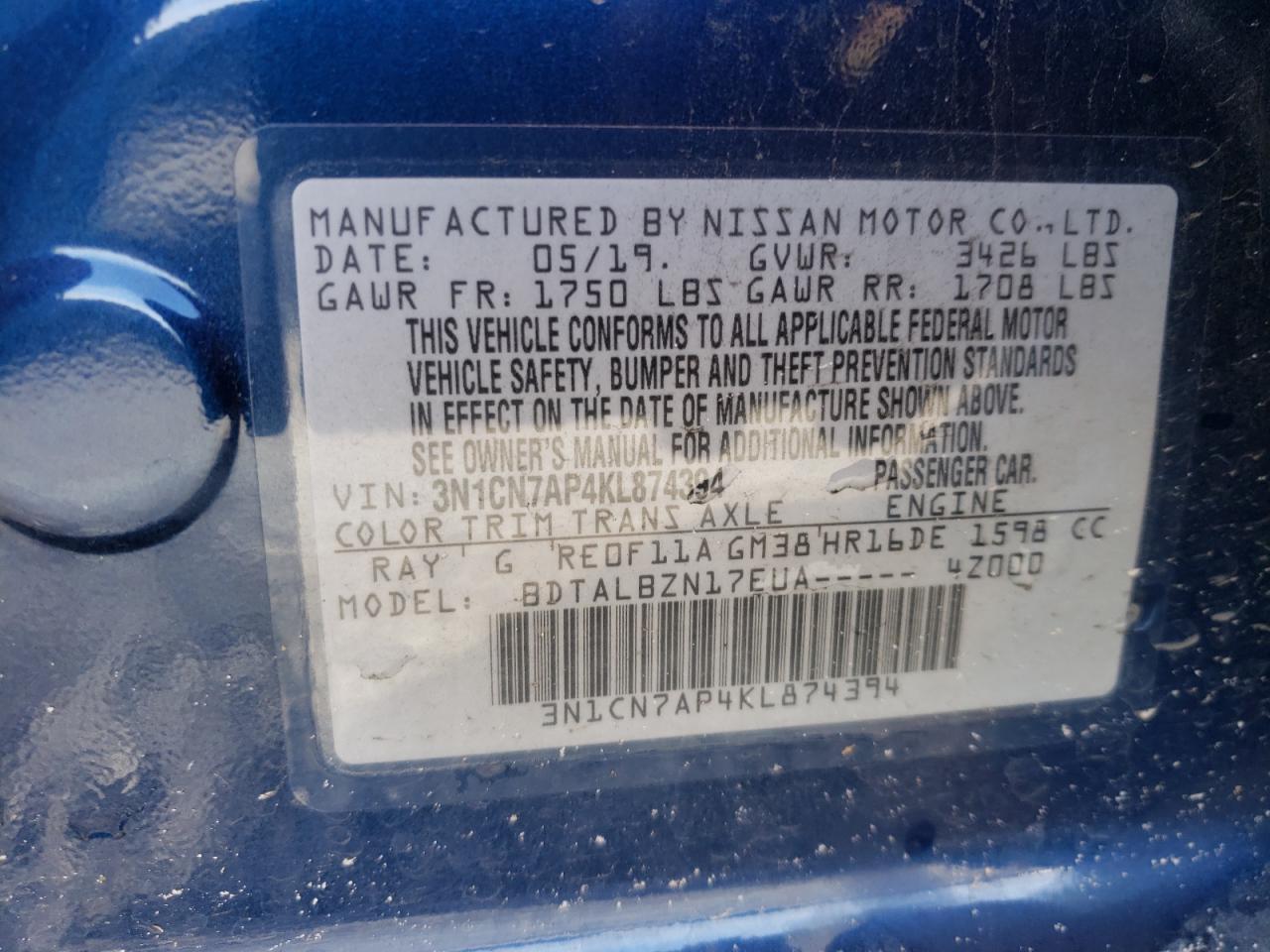 Photo 10 from auction – 2019 NISSAN VERSA S with VIN 3N1CN7AP4KL874394