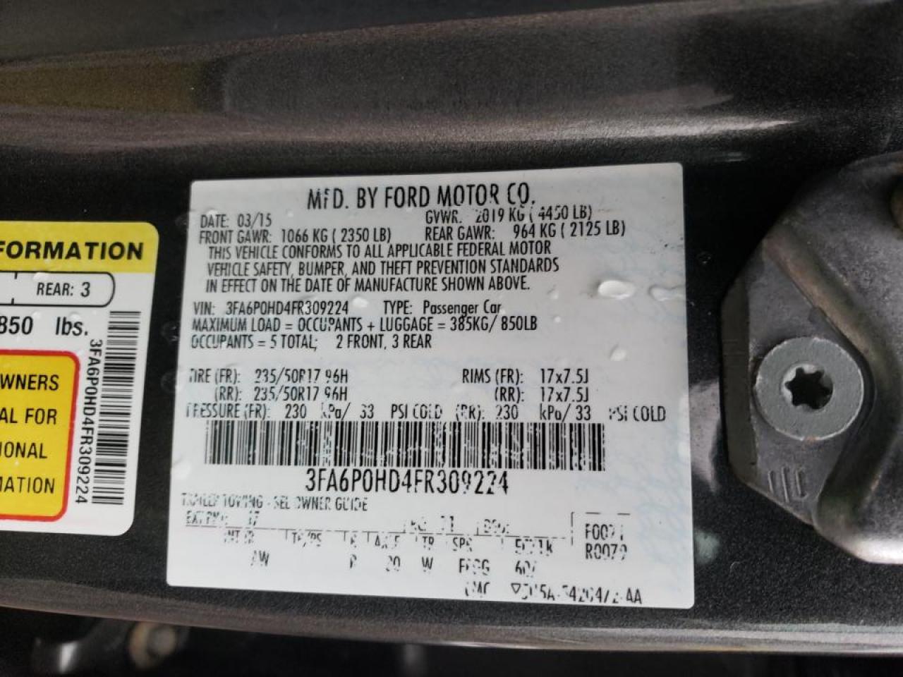 Photo 10 from auction – 2015 FORD FUSION SE with VIN 3FA6P0HD4FR309224