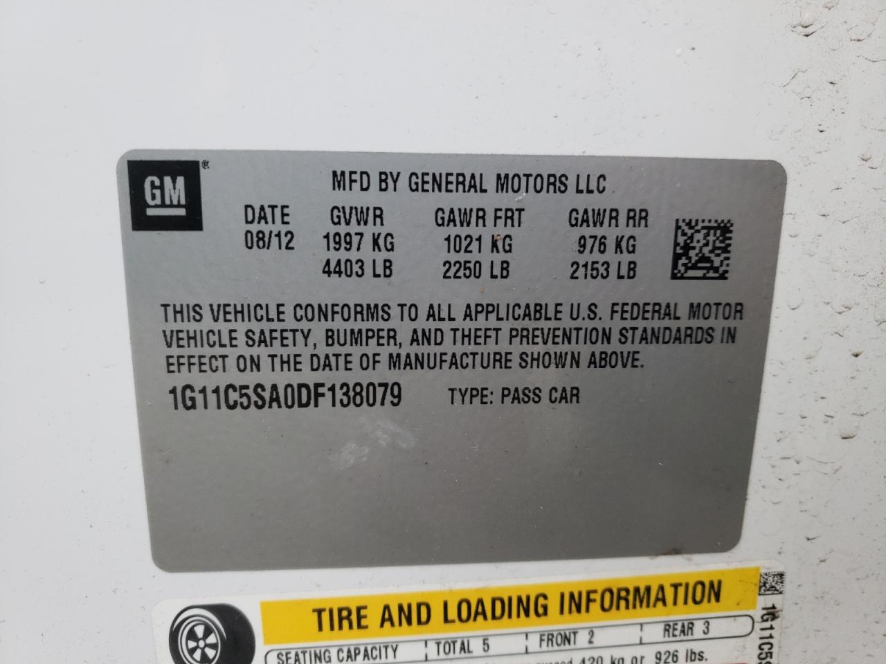 Photo 10 from auction – 2013 CHEVROLET MALIBU 1LT with VIN 1G11C5SA0DF138079