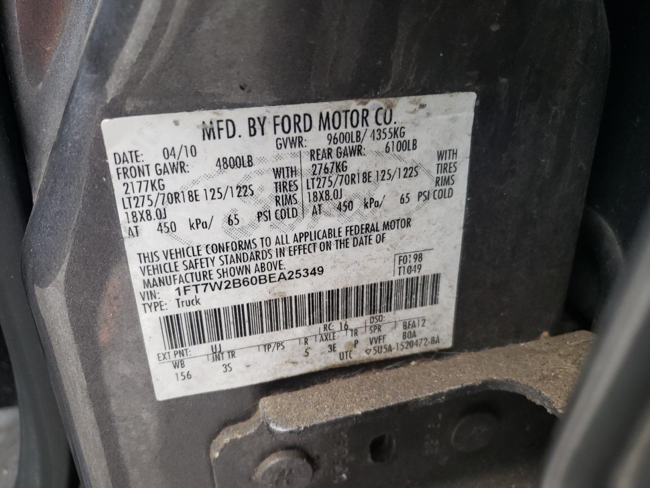Photo 10 from auction – 2011 FORD F250 SUPER with VIN 1FT7W2B60BEA25349