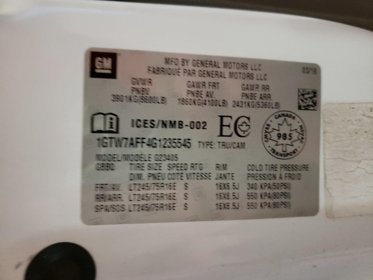 Photo 10 from auction – 2016 GMC SAVANA G25 with VIN 1GTW7AFF4G1235545