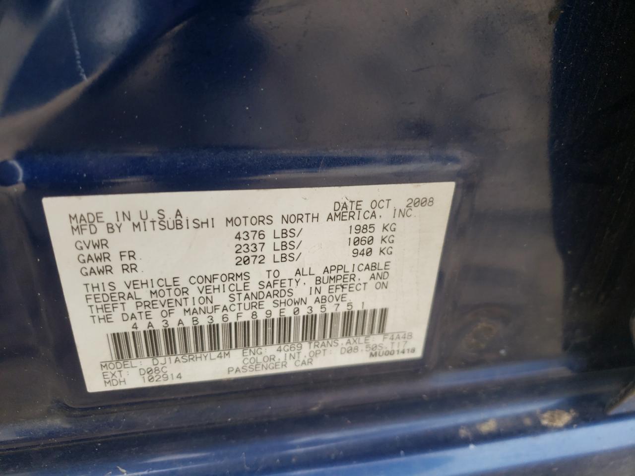 Photo 10 from auction – 2009 MITSUBISHI GALANT ES with VIN 4A3AB36F89E035751