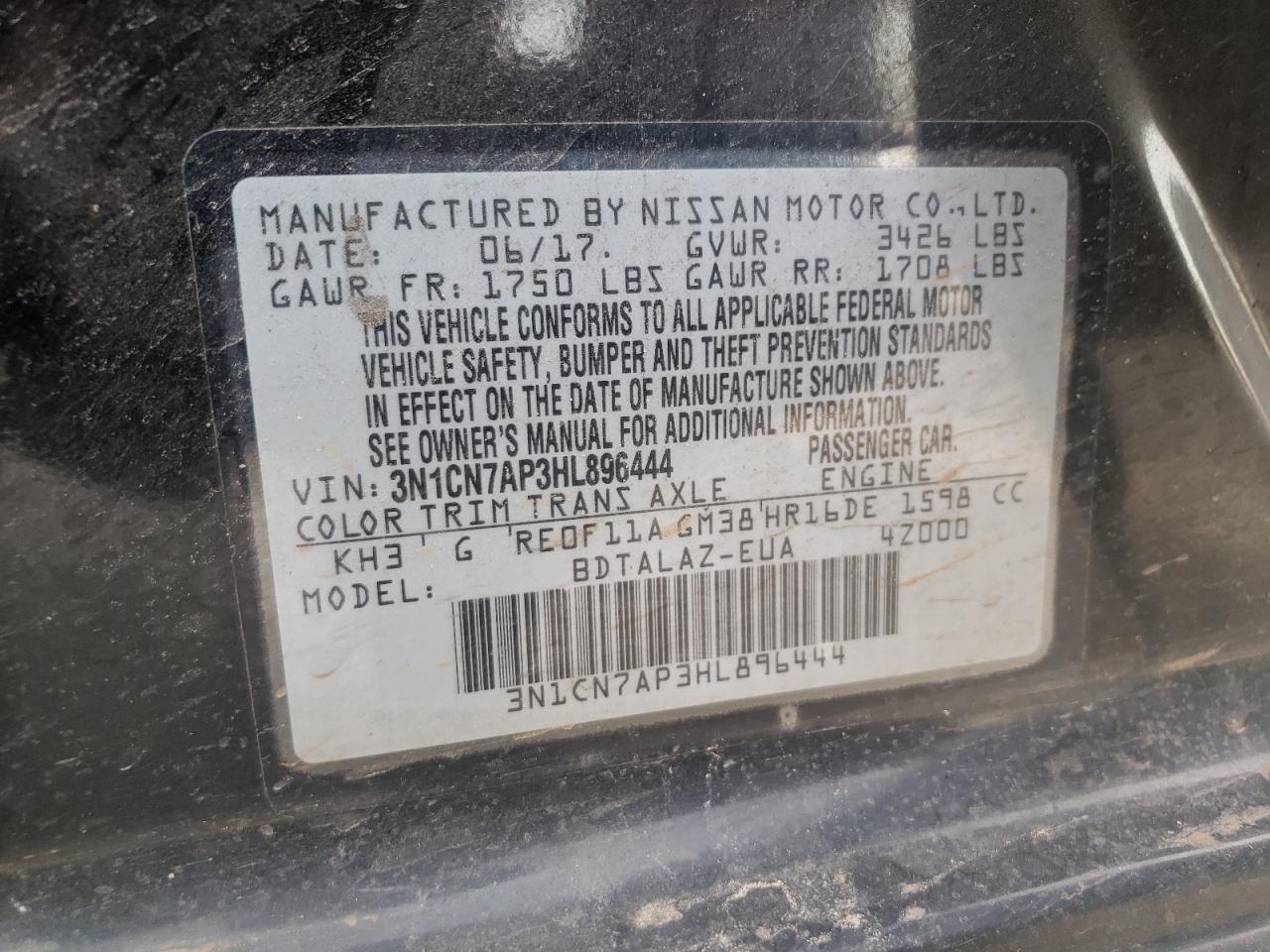 Photo 10 from auction – 2017 NISSAN VERSA S with VIN 3N1CN7AP3HL896444