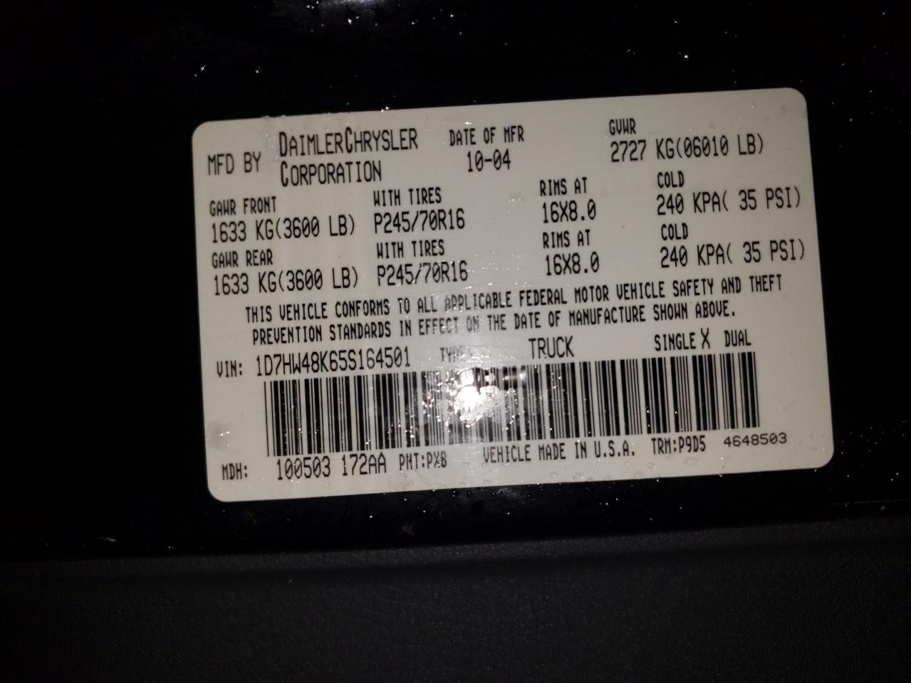 Photo 10 from auction – 2005 DODGE DAKOTA QUA with VIN 1D7HW48K65S164501