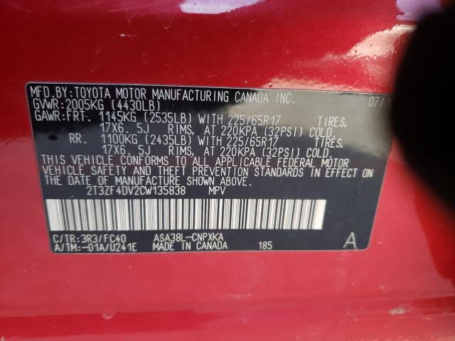 Photo 10 from auction – 2012 TOYOTA RAV4 with VIN 2T3ZF4DV2CW135838