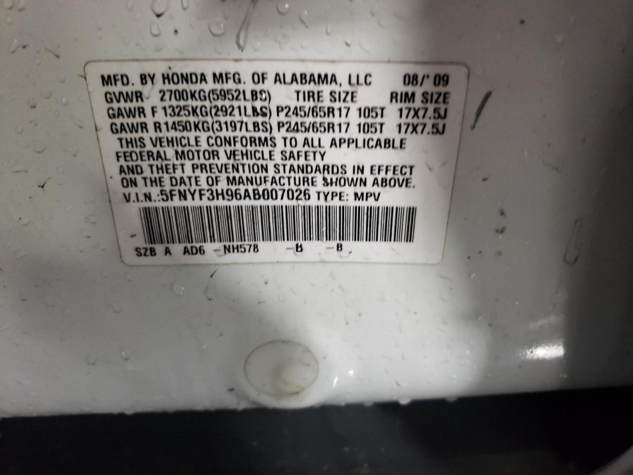 Photo 10 from auction – 2010 HONDA PILOT TOUR with VIN 5FNYF3H96AB007026