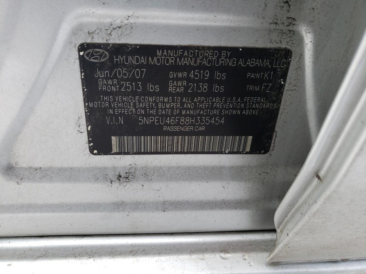 Photo 10 from auction – 2008 HYUNDAI SONATA SE with VIN 5NPEU46F88H335454