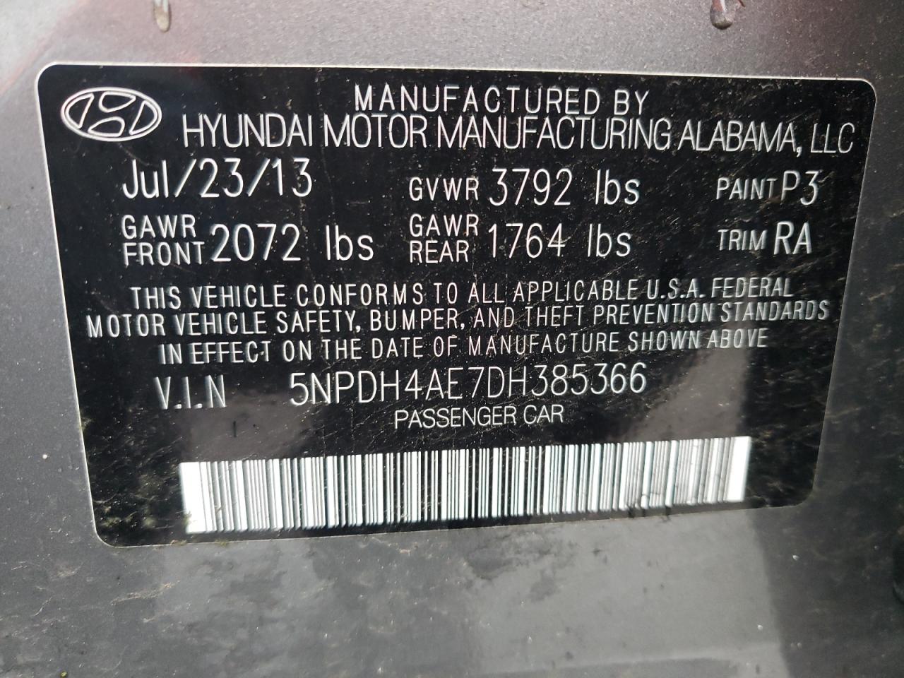 Photo 10 from auction – 2013 HYUNDAI ELANTRA GL with VIN 5NPDH4AE7DH385366