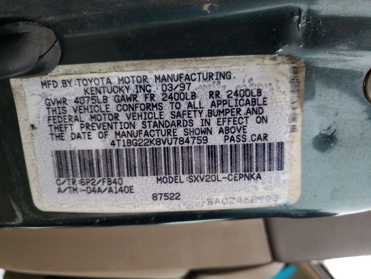 Photo 10 from auction – 1997 TOYOTA CAMRY with VIN 4T1BG22K8VU784759