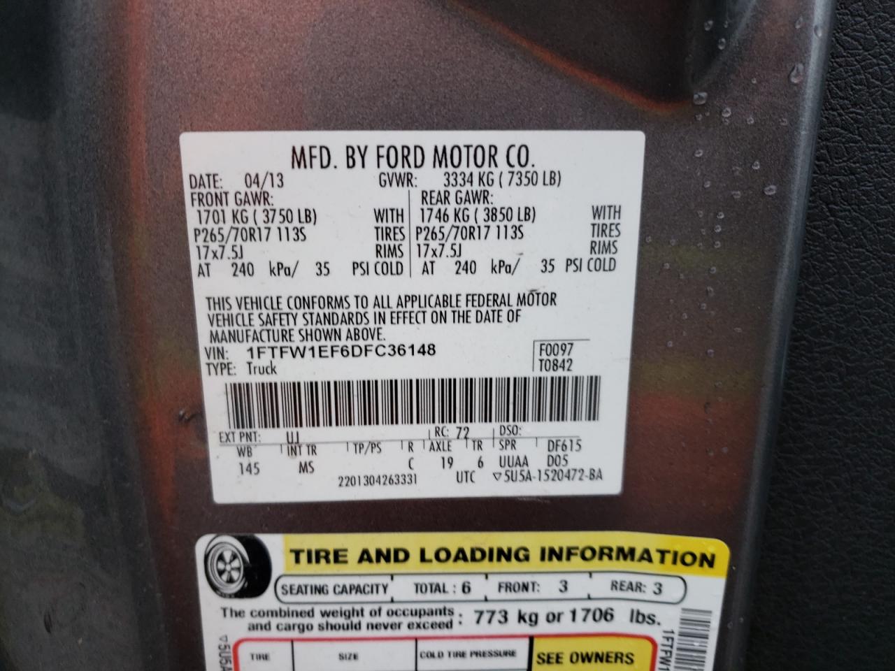 Photo 10 from auction – 2013 FORD F150 SUPER with VIN 1FTFW1EF6DFC36148