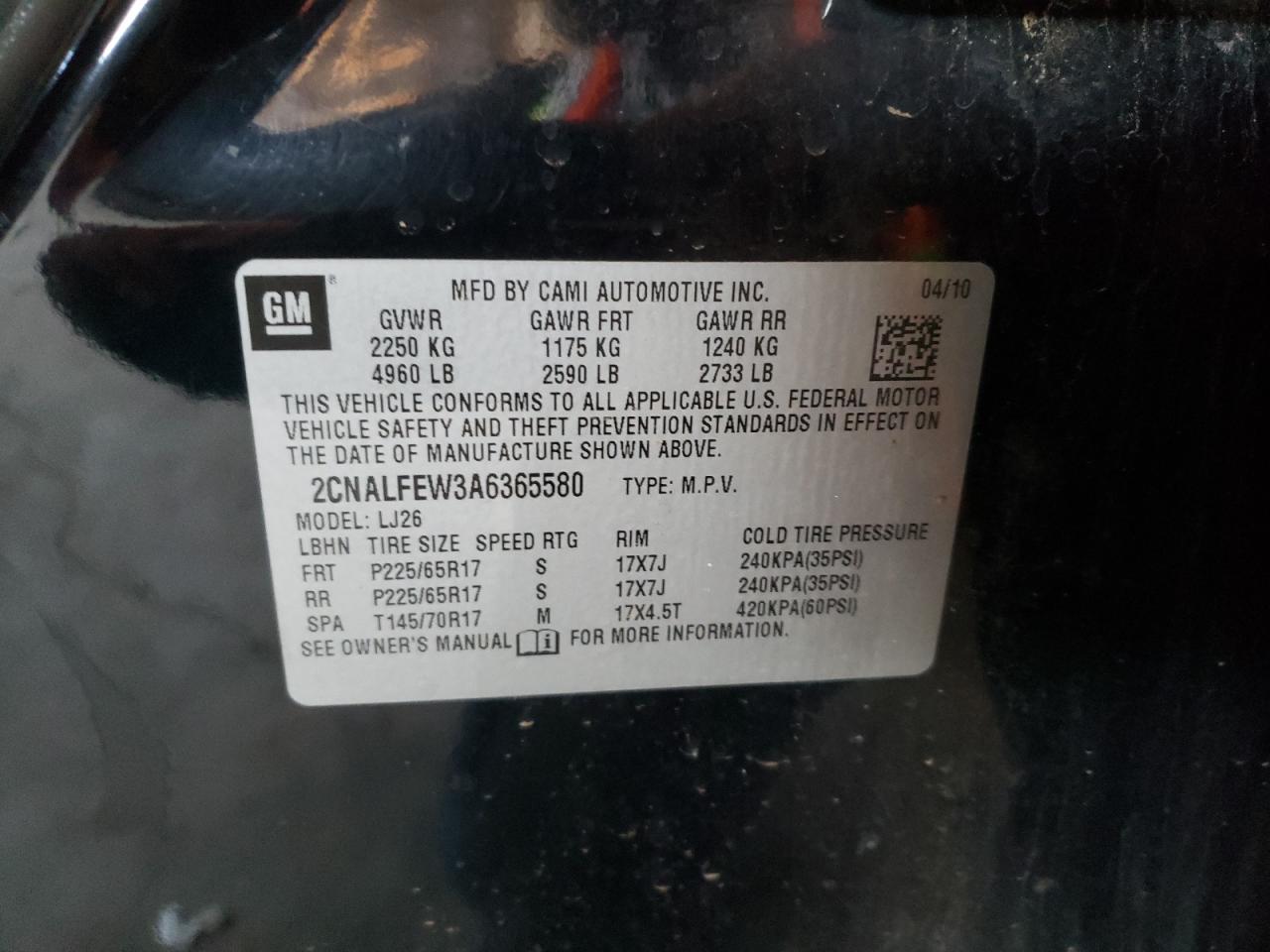 Photo 10 from auction – 2010 CHEVROLET EQUINOX LT with VIN 2CNALFEW3A6365580