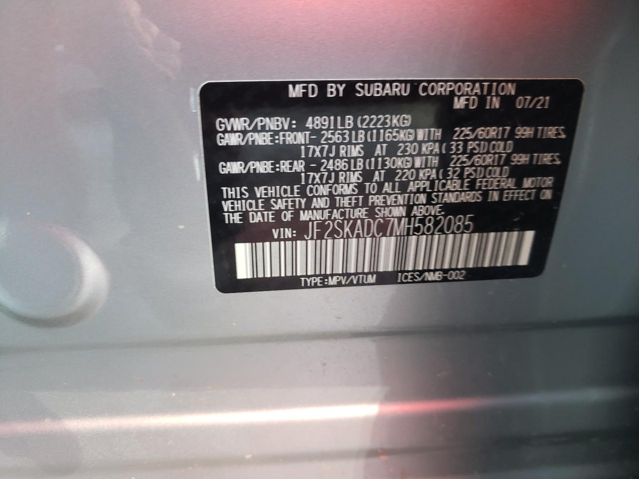 Photo 10 from auction – 2021 SUBARU FORESTER with VIN JF2SKADC7MH582085