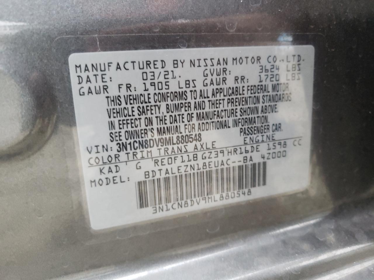 Photo 10 from auction – 2021 NISSAN VERSA S with VIN 3N1CN8DV9ML880548
