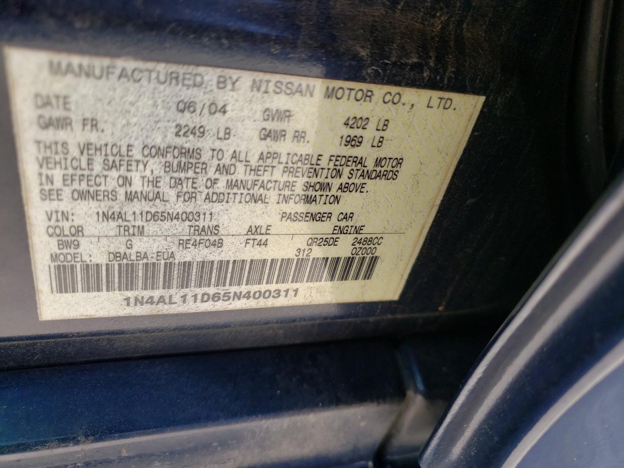 Photo 10 from auction – 2005 NISSAN ALTIMA with VIN 1N4AL11D65N400311