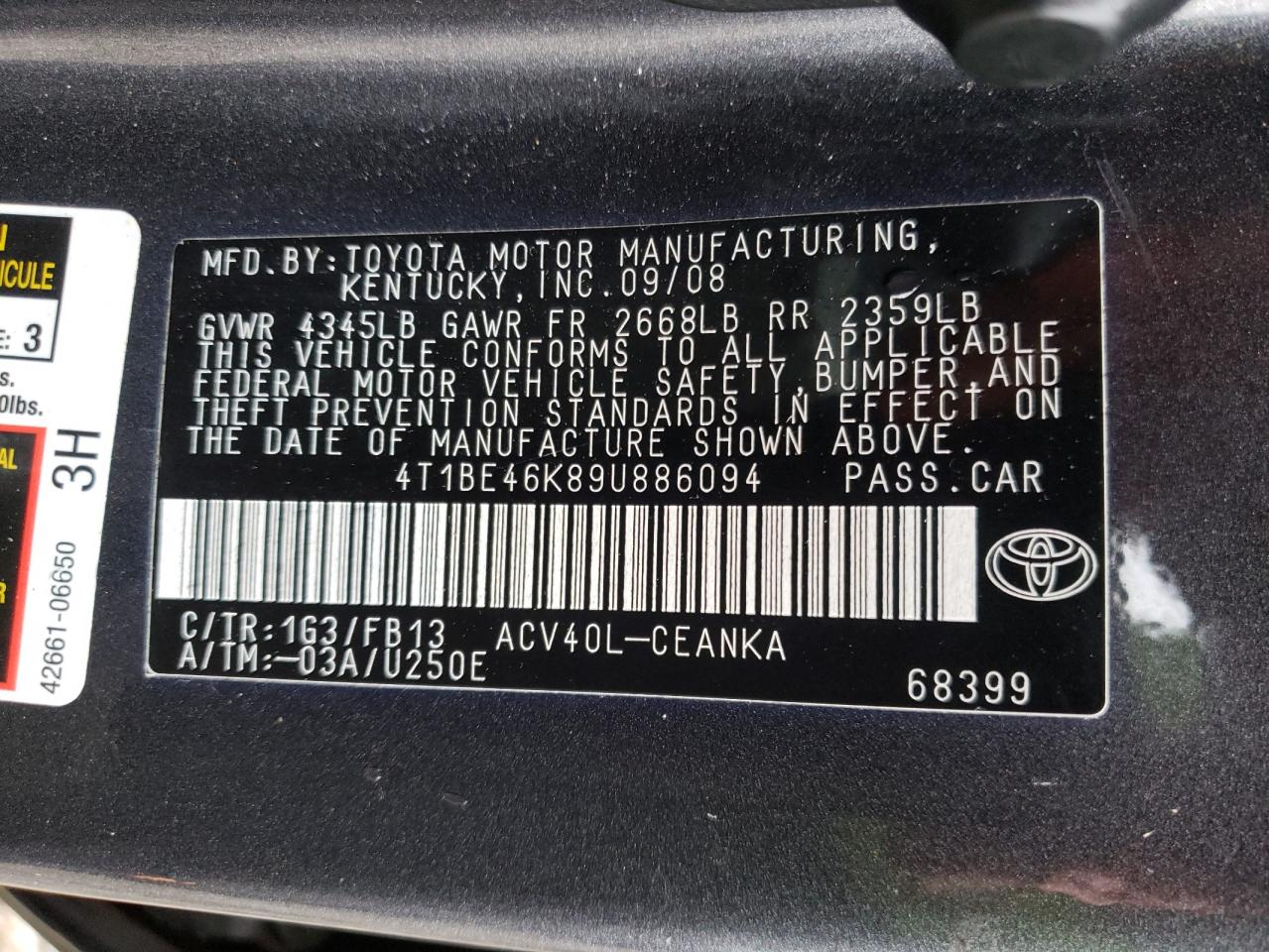 Photo 10 from auction – 2009 TOYOTA CAMRY BASE with VIN 4T1BE46K89U886094