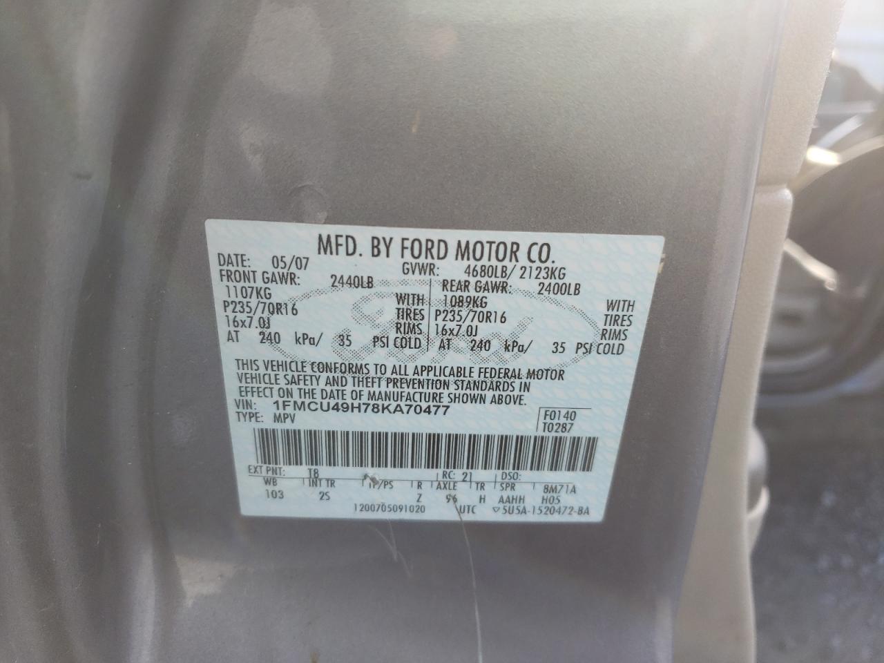 Photo 10 from auction – 2008 FORD ESCAPE HEV with VIN 1FMCU49H48KC91079