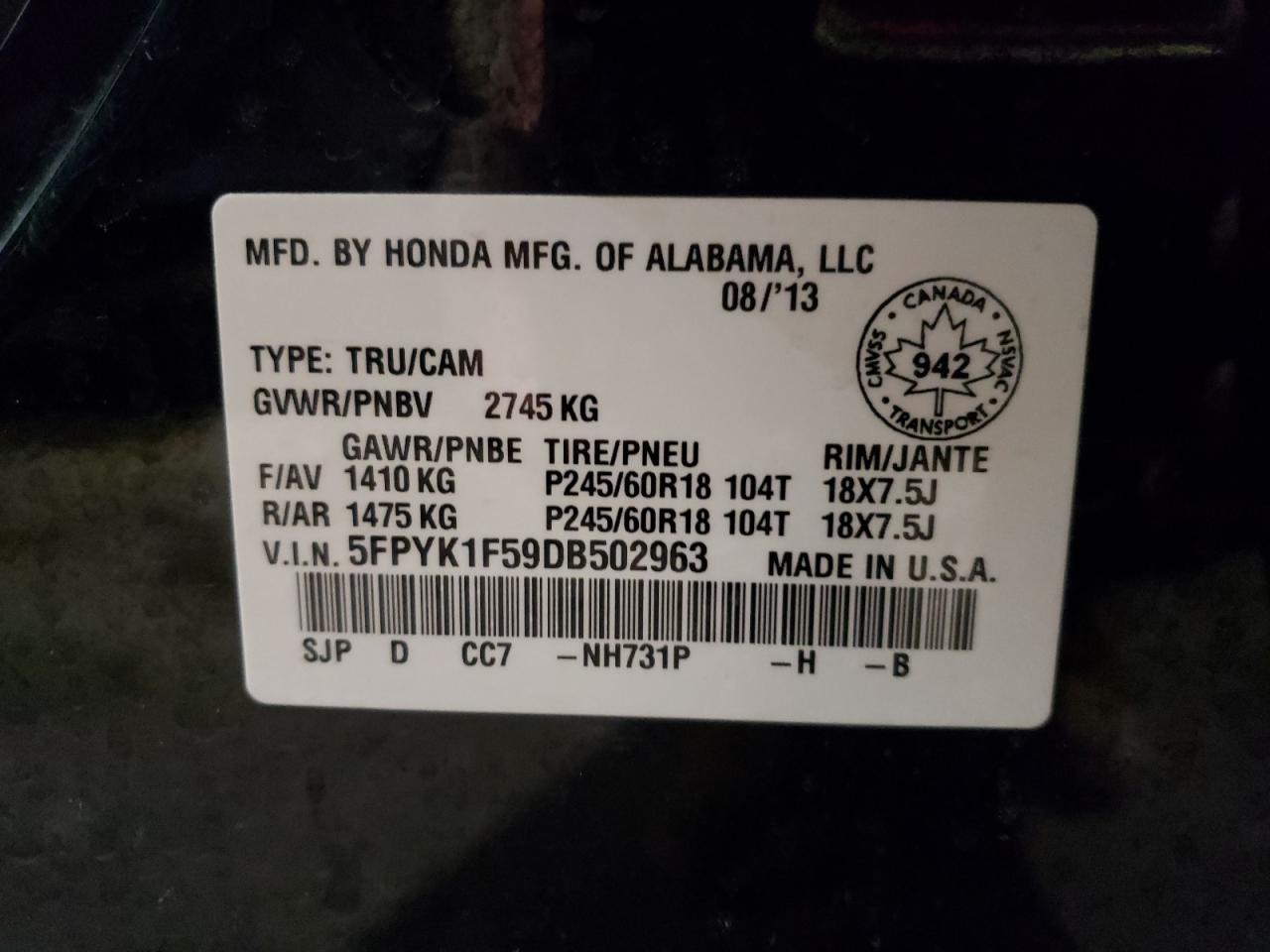 Photo 10 from auction – 2013 HONDA RIDGELINE with VIN 5FPYK1F59DB502963