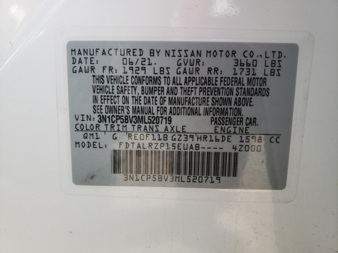 Photo 10 from auction – 2021 NISSAN KICKS S with VIN 3N1CP5BV3ML520719