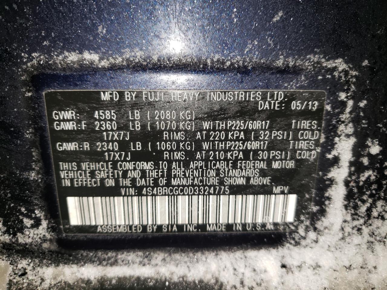 Photo 10 from auction – 2013 SUBARU OUTBACK 2. with VIN 4S4BRCGC0D3324775