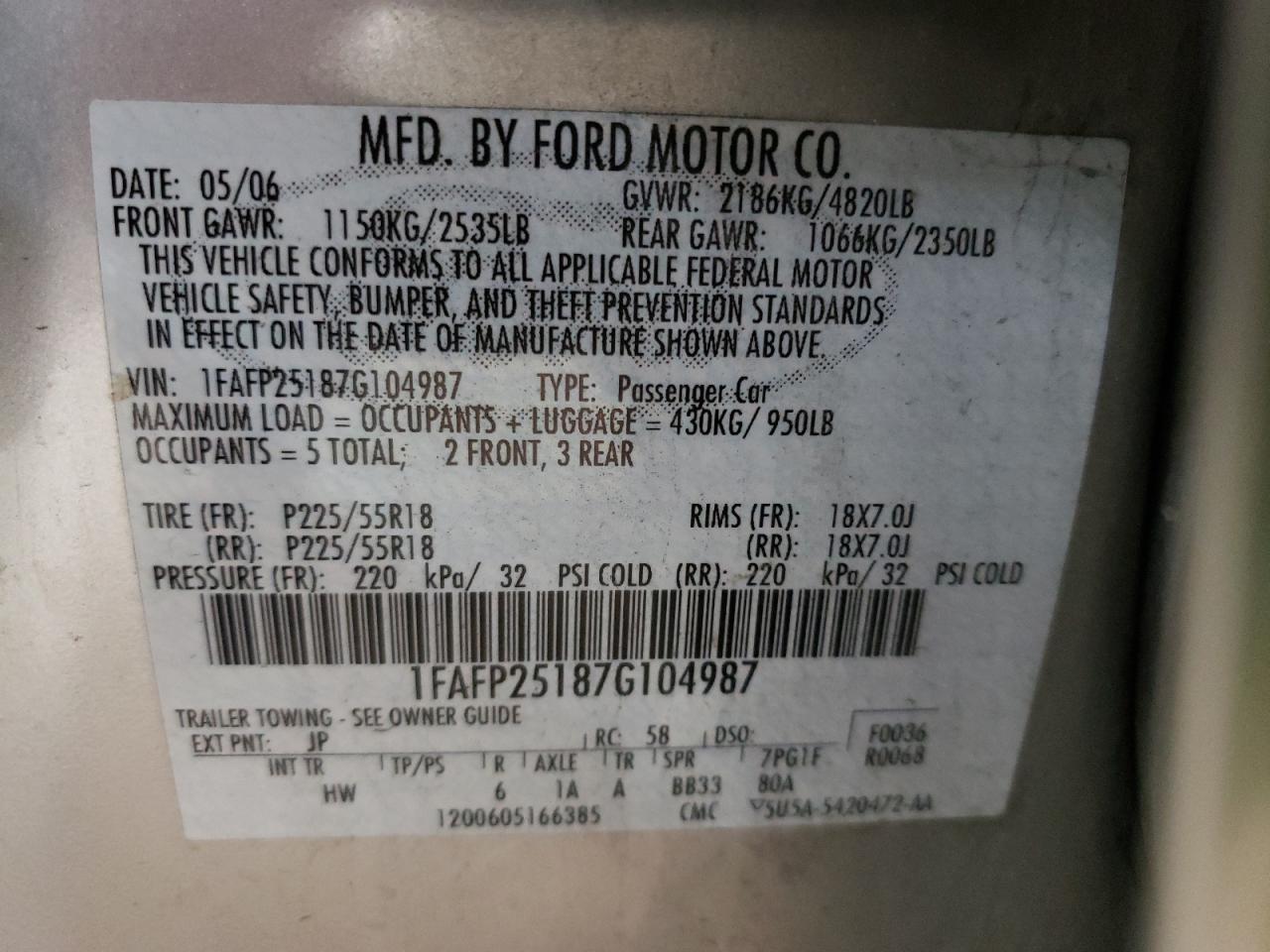 Photo 10 from auction – 2007 FORD FIVE HUNDR with VIN 1FAFP25187G104987