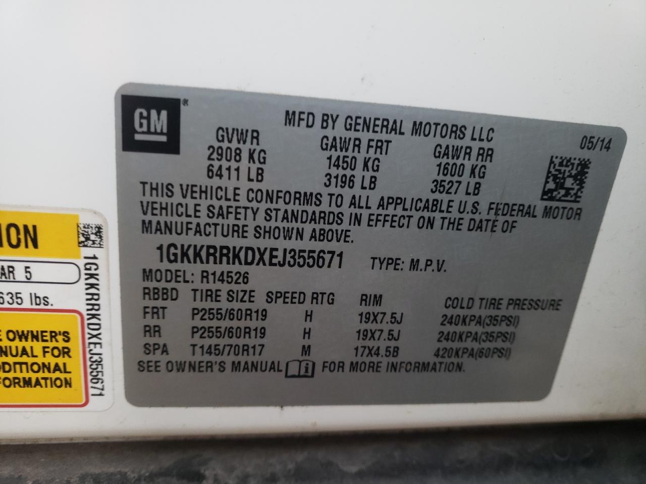 Photo 10 from auction – 2014 GMC ACADIA SLT with VIN 1GKKRRKDXEJ355671