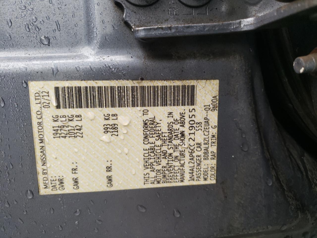 Photo 10 from auction – 2012 NISSAN ALTIMA BAS with VIN 1N4AL2AP6CC219055