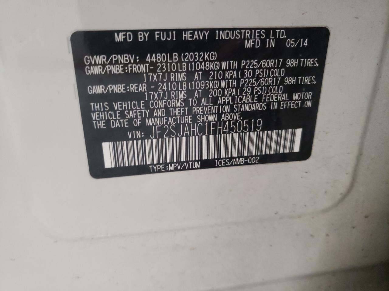Photo 10 from auction – 2015 SUBARU FORESTER 2 with VIN JF2SJAHC1FH450519