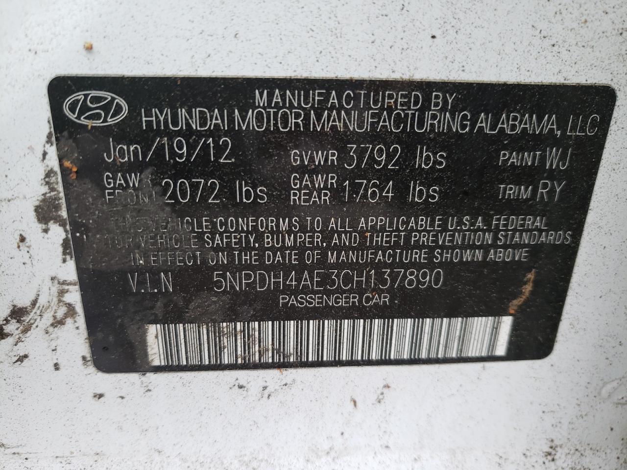 Photo 10 from auction – 2012 HYUNDAI ELANTRA GL with VIN 5NPDH4AE3CH137890