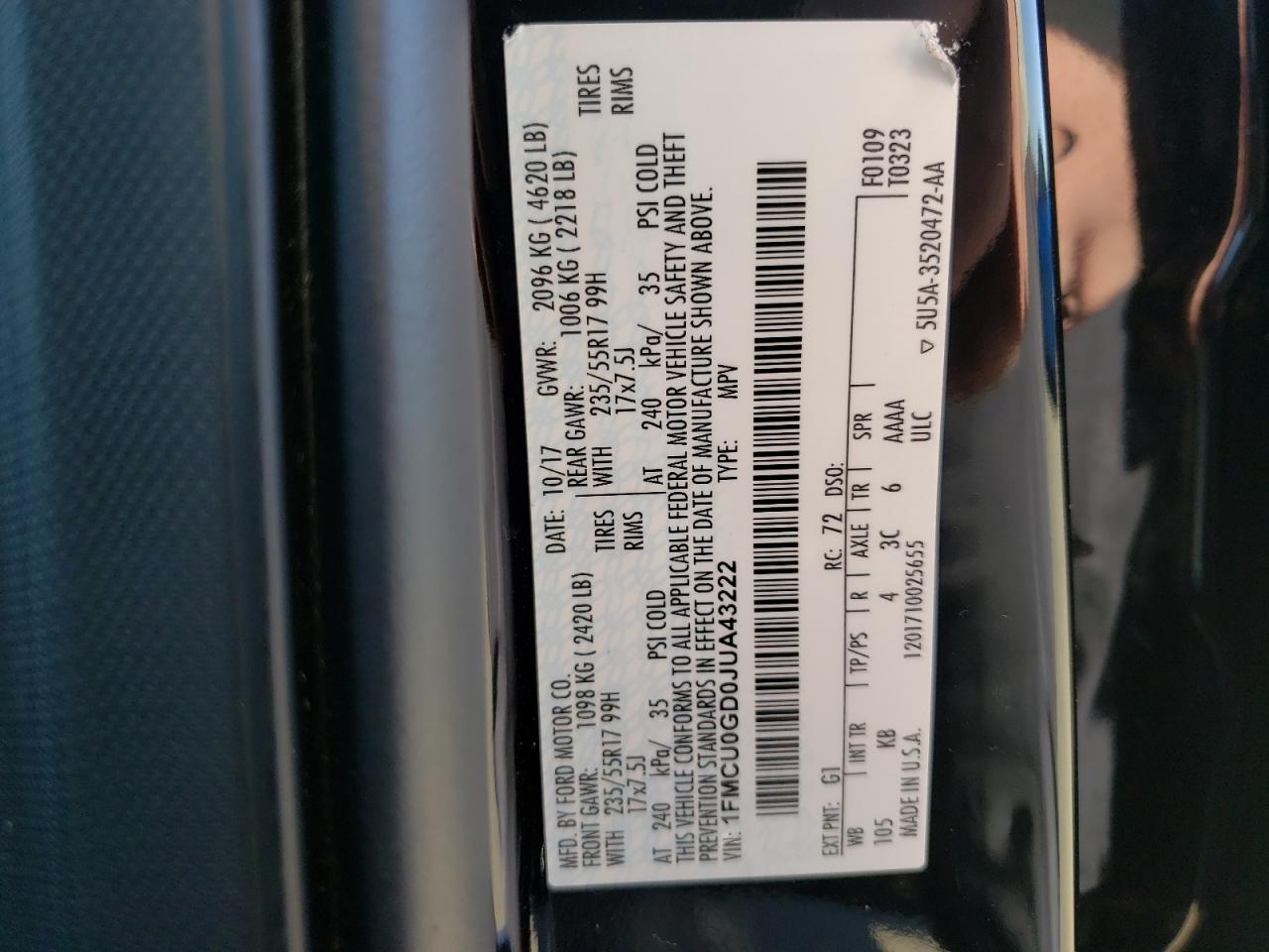Photo 10 from auction – 2018 FORD ESCAPE SE with VIN 1FMCU0GD0JUA43222