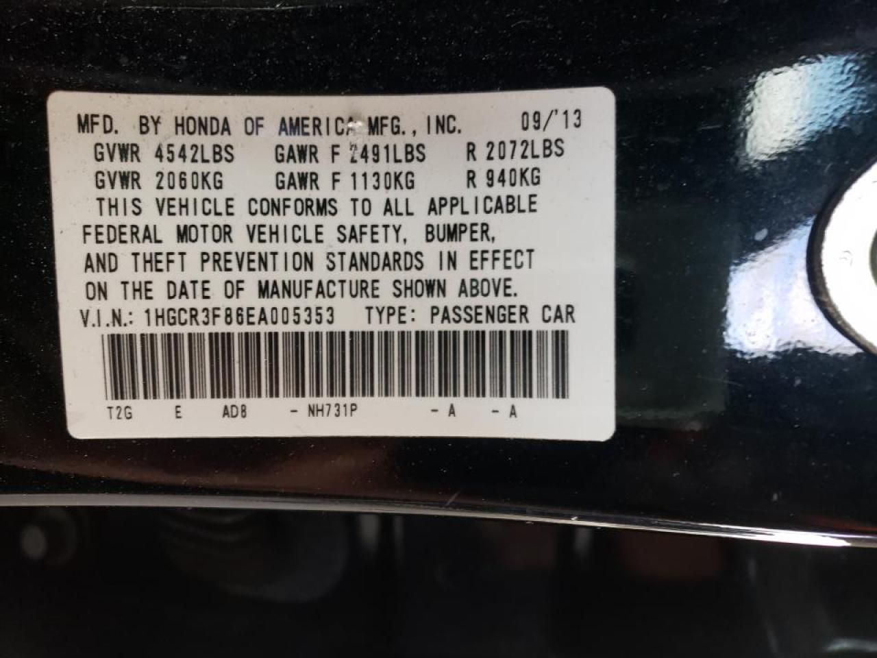 Photo 10 from auction – 2014 HONDA ACCORD EXL with VIN 1HGCR3F86EA005353