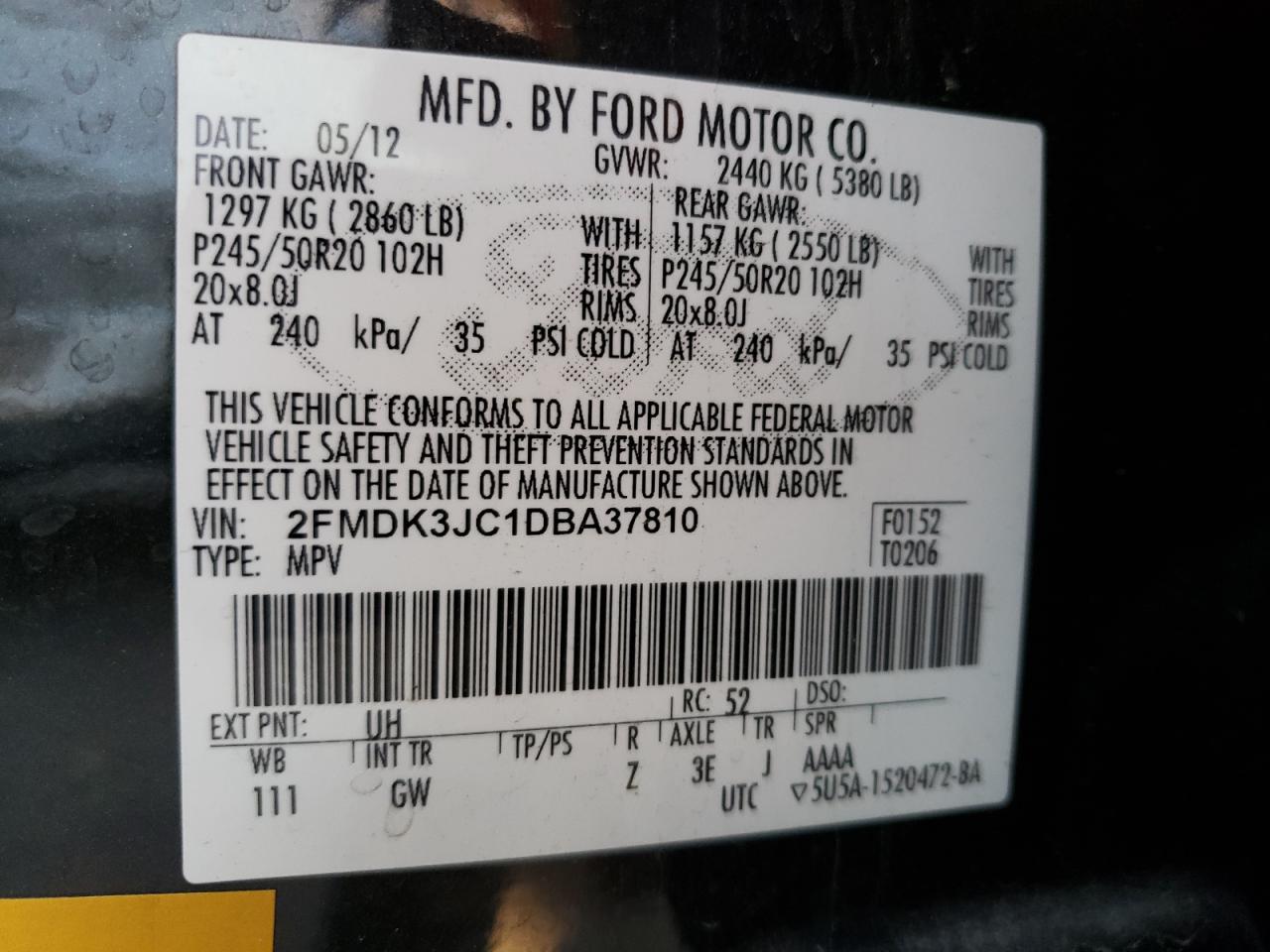 Photo 10 from auction – 2013 FORD EDGE SEL with VIN 2FMDK3JC1DBA37810