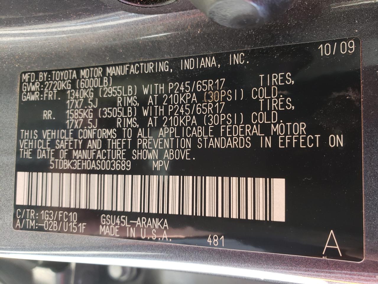 Photo 10 from auction – 2010 TOYOTA HIGHLANDER with VIN 5TDBK3EH0AS003689