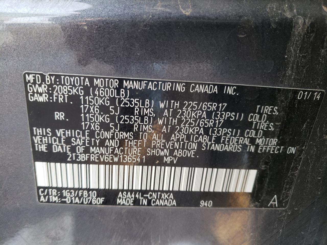 Photo 10 from auction – 2014 TOYOTA RAV4 LE with VIN 2T3BFREV6EW136541