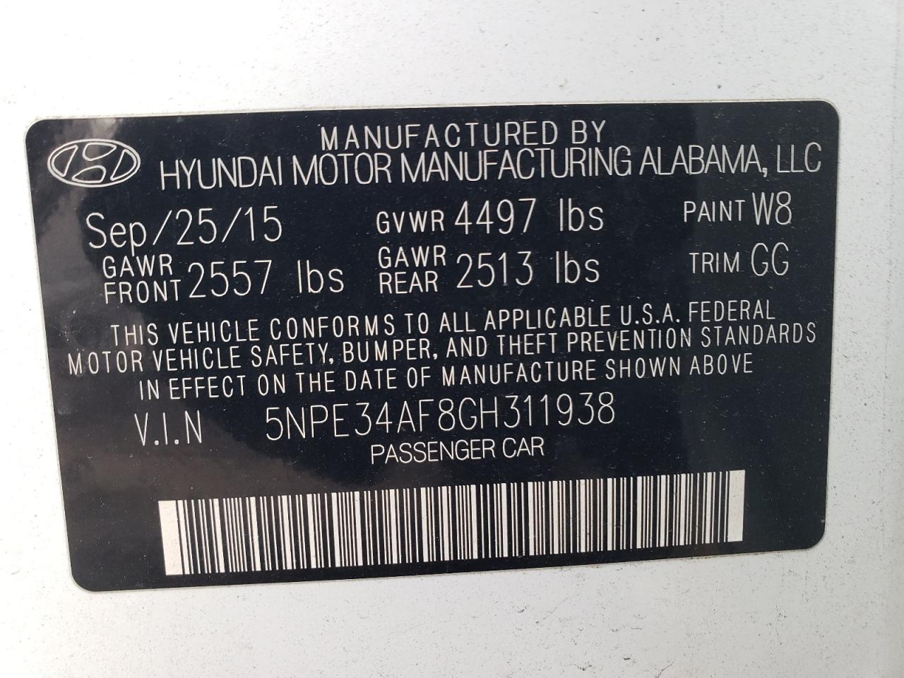 Photo 10 from auction – 2016 HYUNDAI SONATA SPO with VIN 5NPE34AF8GH311938
