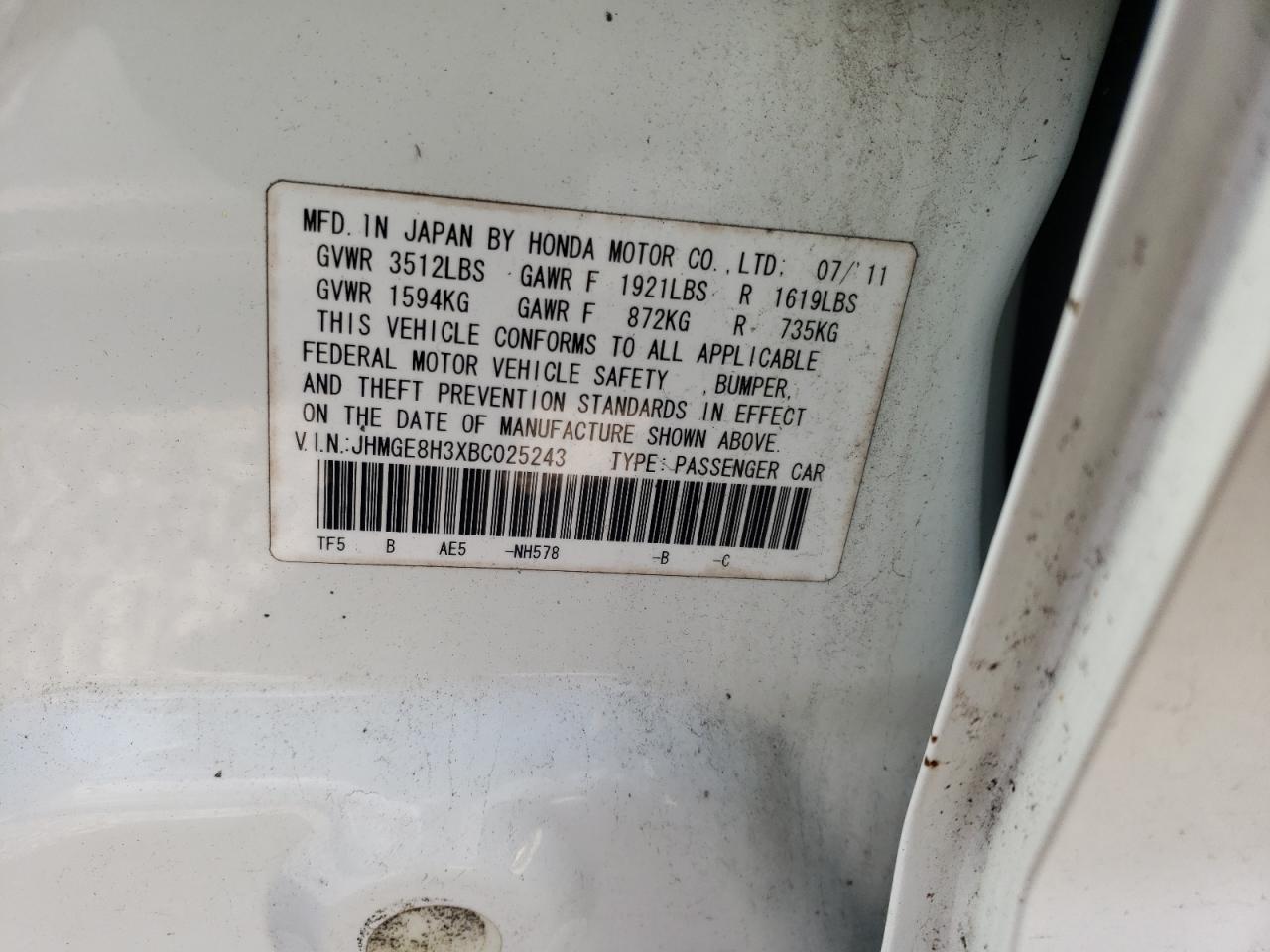Photo 10 from auction – 2011 HONDA FIT with VIN JHMGE8H3XBC025243