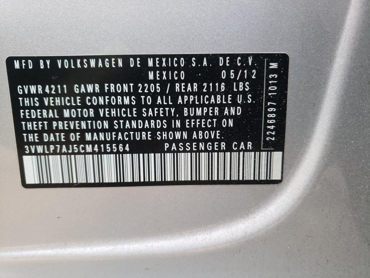 Photo 10 from auction – 2012 VOLKSWAGEN JETTA SEL with VIN 3VWLP7AJ5CM415564