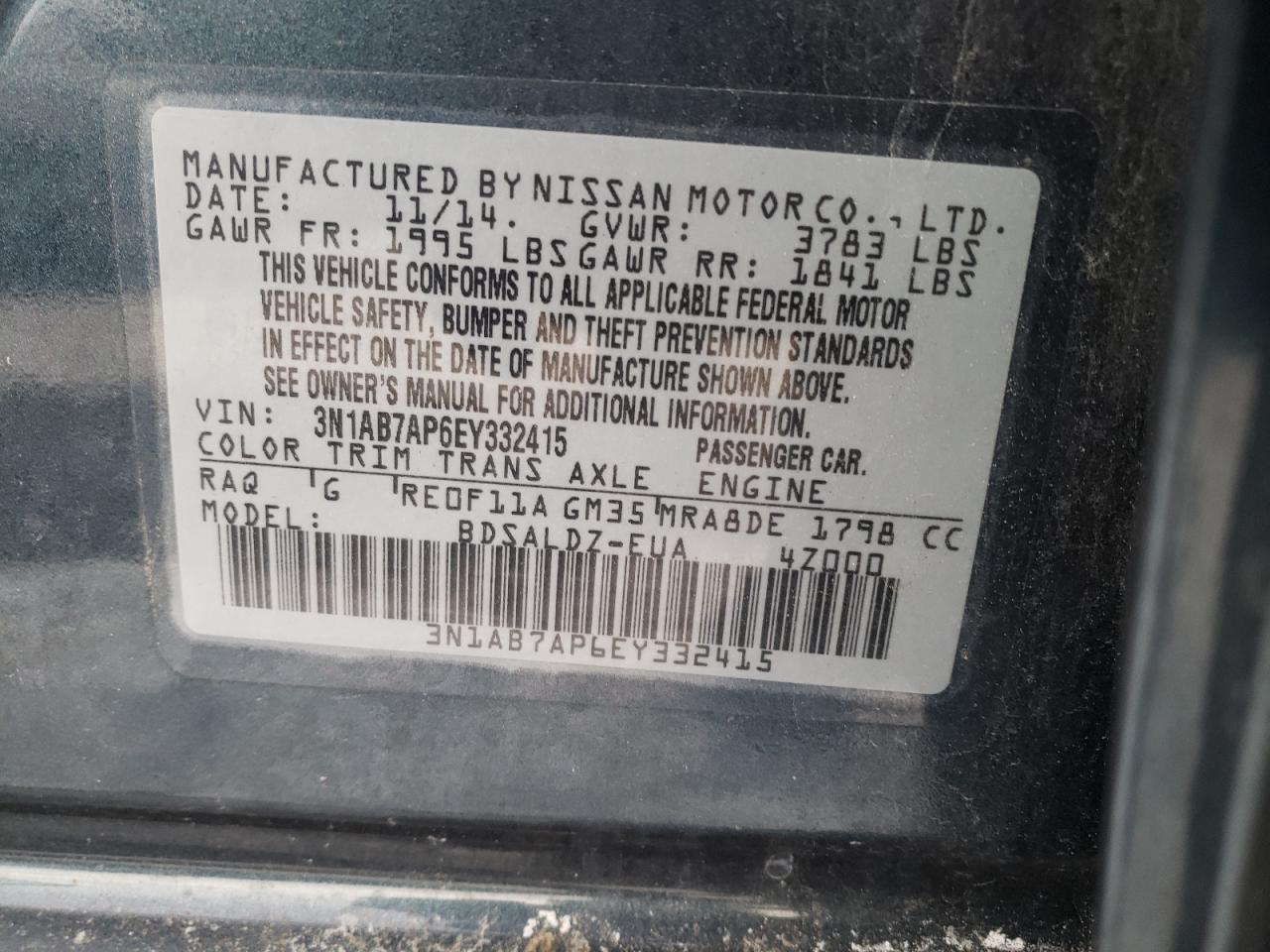 Photo 10 from auction – 2014 NISSAN SENTRA S with VIN 3N1AB7AP6EY332415