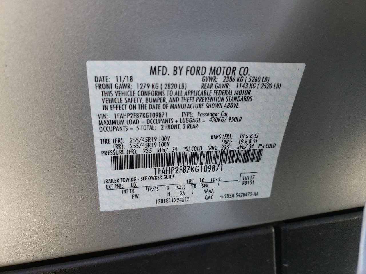 صورة رقم 10 من المزاد - 2019 FORD TAURUS LIM مع VIN 1FAHP2F87KG109871