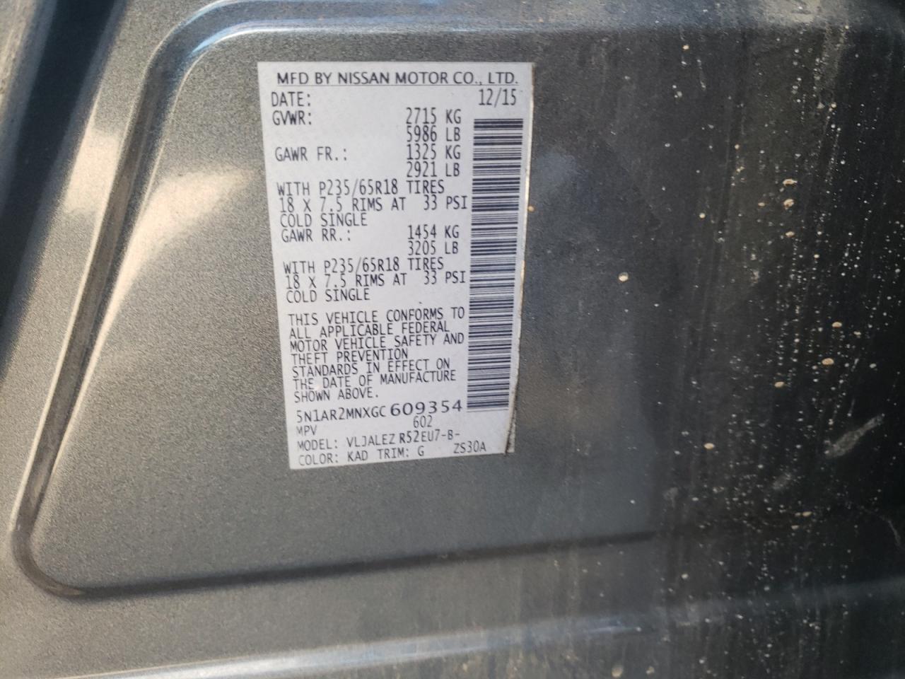 Photo 10 from auction – 2016 NISSAN PATHFINDER with VIN 5N1AR2MNXGC609354