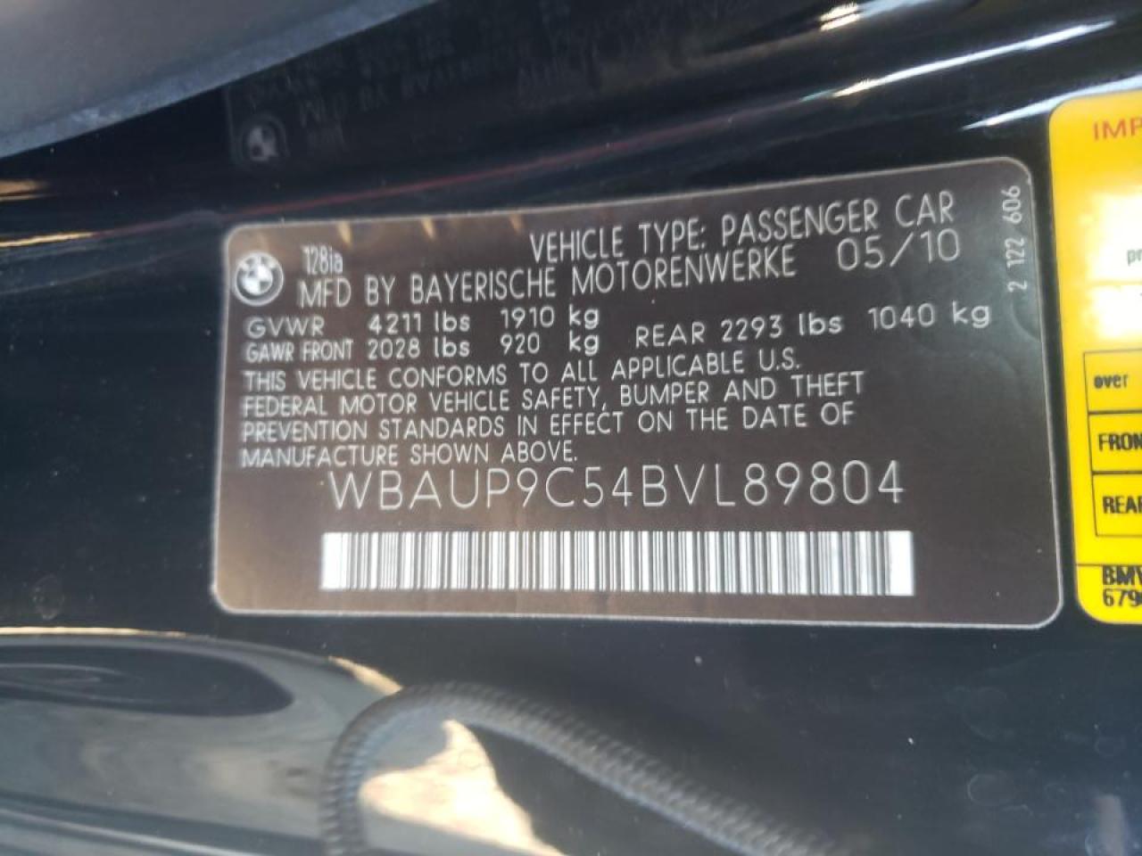 Photo 10 from auction – 2011 BMW 128 I with VIN WBAUP9C54BVL89804
