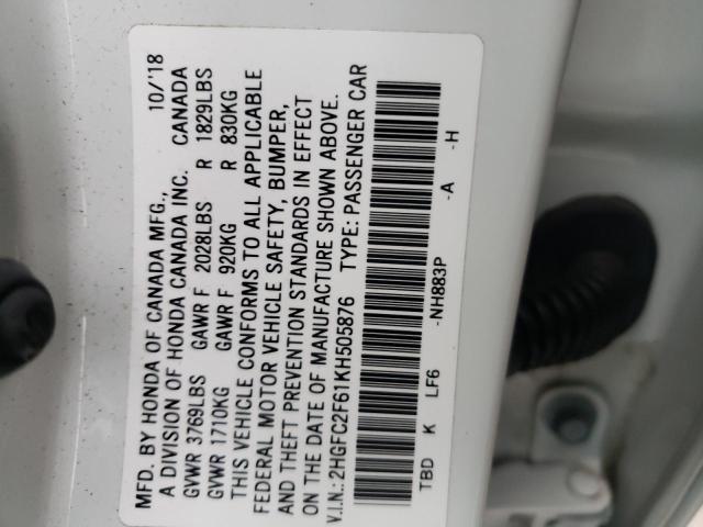 Photo 10 from auction – 2019 HONDA CIVIC LX with VIN 2HGFC2F61KH505876