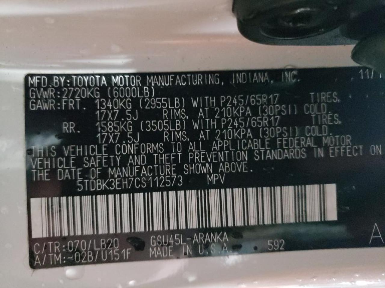 Photo 10 from auction – 2012 TOYOTA HIGHLANDER with VIN 5TDBK3EH7CS112573