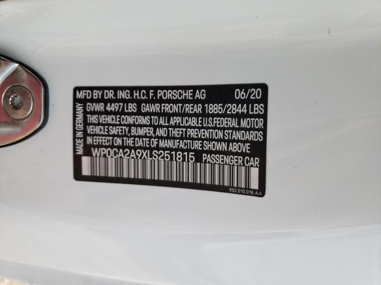 Photo 10 from auction – 2020 PORSCHE 911 CARRER with VIN WP0CA2A9XLS251815