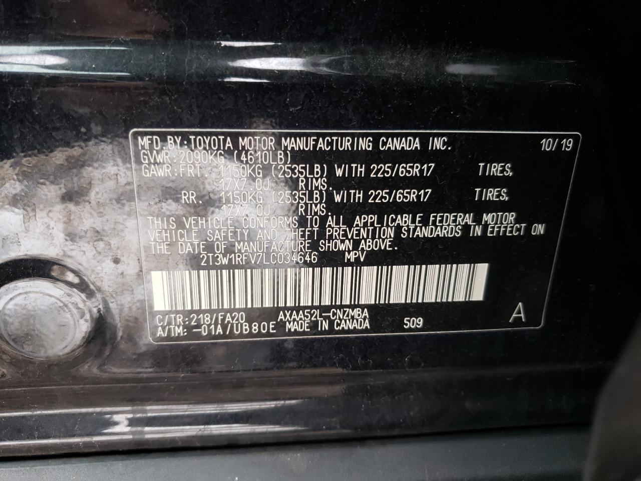 Photo 10 from auction – 2020 TOYOTA RAV4 XLE with VIN 2T3W1RFV7LC034646