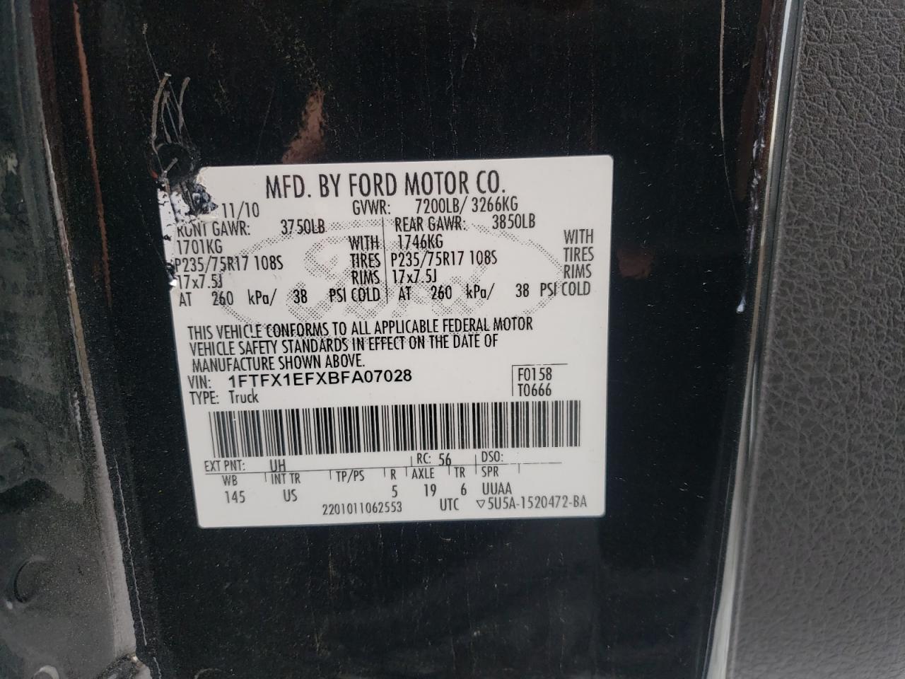 Photo 10 from auction – 2011 FORD F150 SUPER with VIN 1FTFX1EFXBFA07028