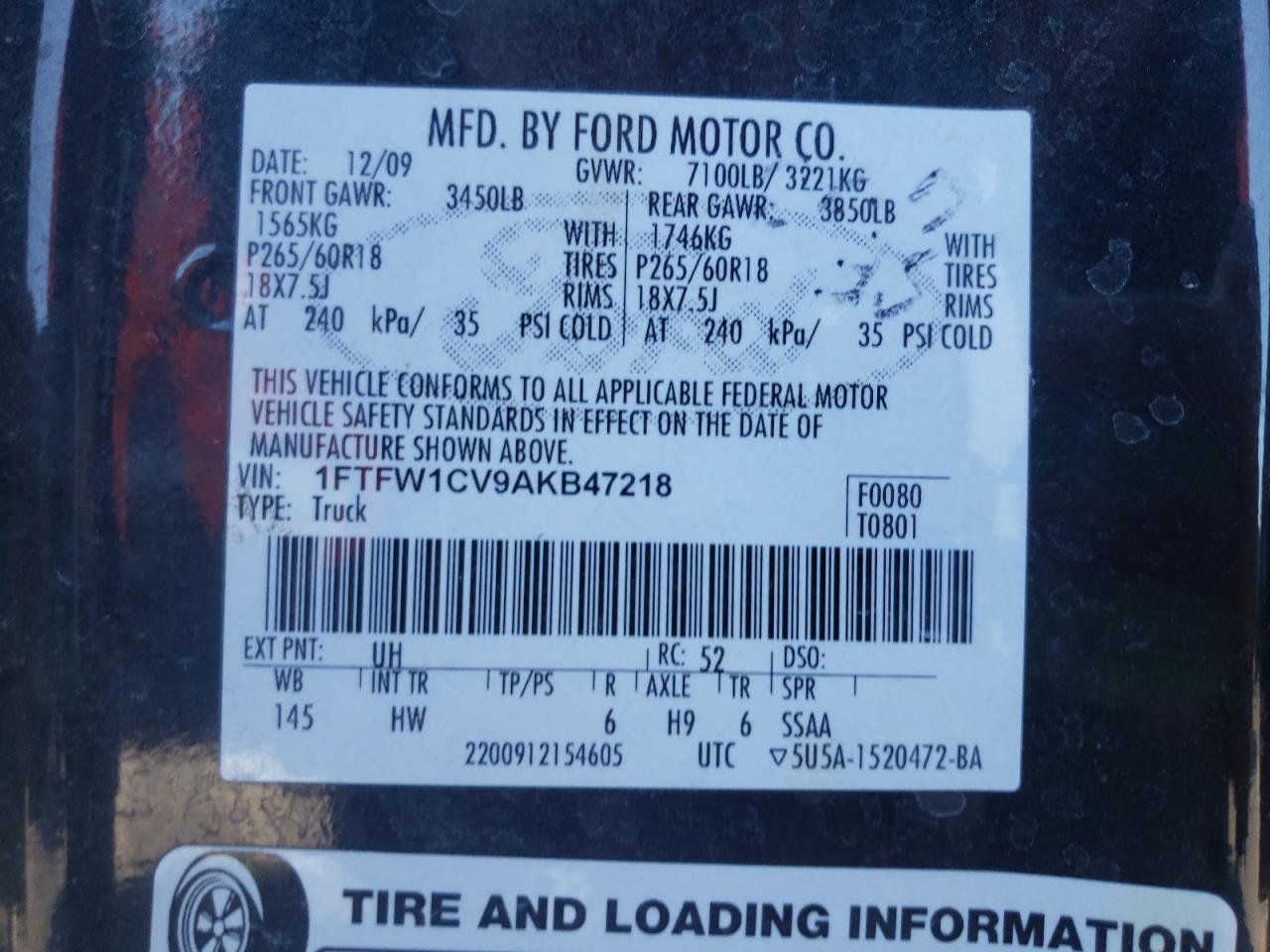 Photo 10 from auction – 2010 FORD F150 SUPER with VIN 1FTFW1CV9AKB47218