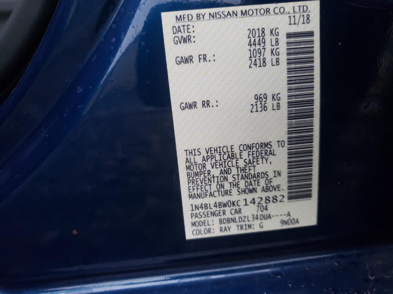 Photo 10 from auction – 2019 NISSAN ALTIMA S with VIN 1N4BL4BW0KC142882