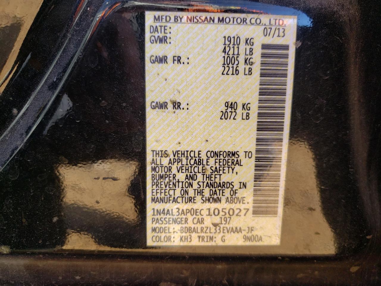Photo 10 from auction – 2014 NISSAN ALTIMA 2.5 with VIN 1N4AL3AP0EC105027