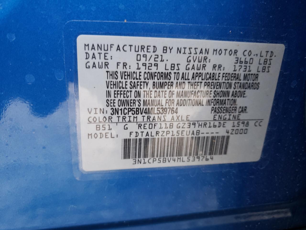 Photo 10 from auction – 2021 NISSAN KICKS S with VIN 3N1CP5BV4ML539764