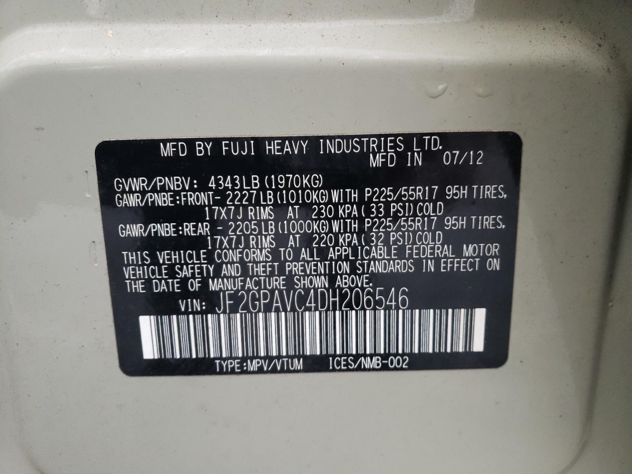 Photo 10 from auction – 2013 SUBARU XV CROSSTR with VIN JF2GPAVC4DH206546
